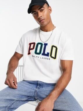 Ralph Lauren White Short‑Sleeve Tee with Multicolor POLO Appliqué
